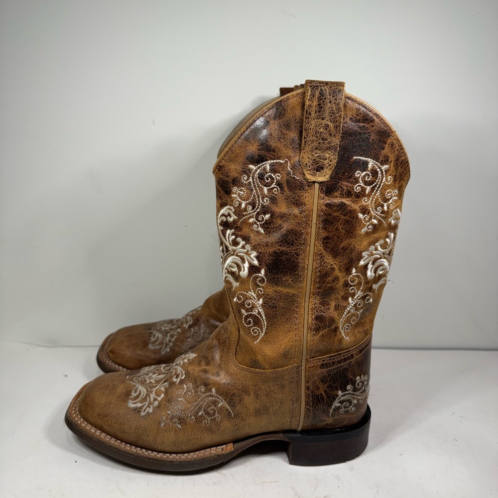 BSY1958 Old West Girl's Youth Square Toe Leather Western Boot Brown Size 7 - Picture 3 of 9